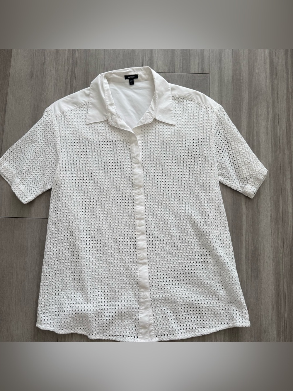 Express white eyelet button up shirt with small perforations, size XS